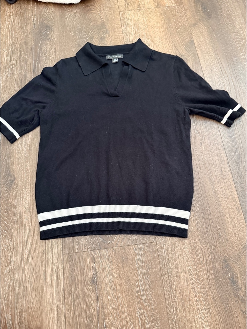 Saks Fifth Avenue Black Knit Polo Johnny Collar Sweater White Stripe Preppy